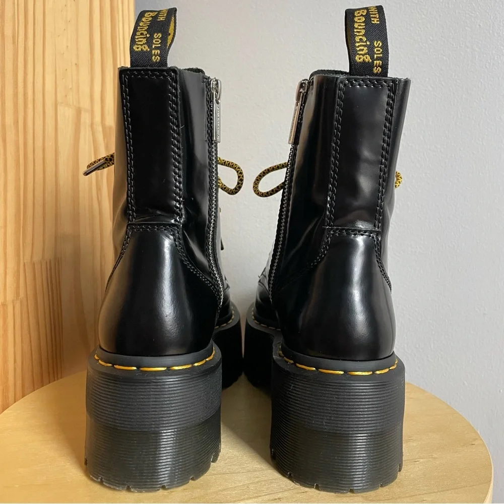 Dr. Martens Black Leather Platform Combat Boots with Yellow Accents - Picture 6 of 13